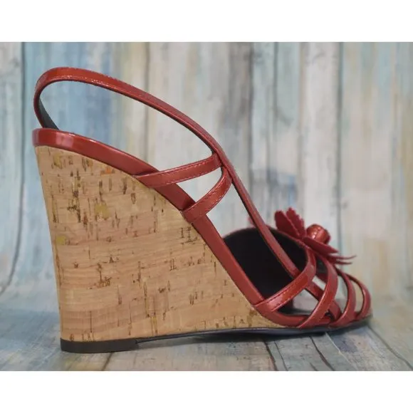Donald J Pliner Palmor Red Patent Floral Wedges Size 9.5 Slingback Heels NICE