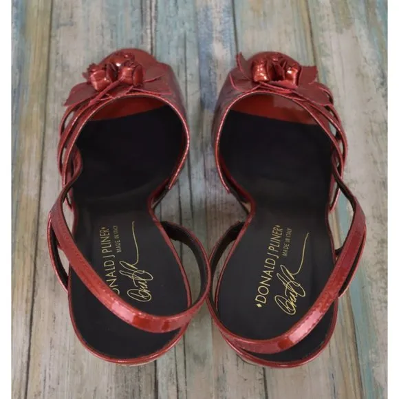 Donald J Pliner Palmor Red Patent Floral Wedges Size 9.5 Slingback Heels NICE