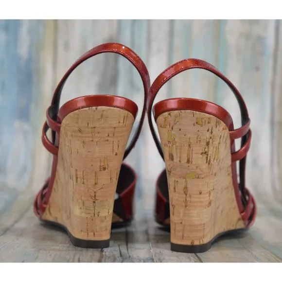 Donald J Pliner Palmor Red Patent Floral Wedges Size 9.5 Slingback Heels NICE