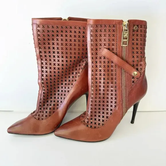 DONALD PLINER 7.5 Brown Heeled Perforated Lattice Ankle Stiletto Boots