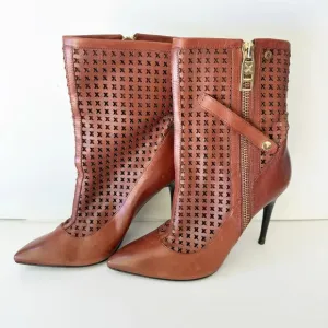 DONALD PLINER 7.5 Brown Heeled Perforated Lattice Ankle Stiletto Boots