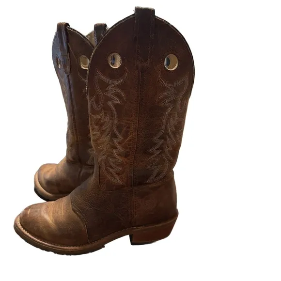 Double-H Womens Brown Embroidered Pull-On Leather Cowboy Boots Size 8W