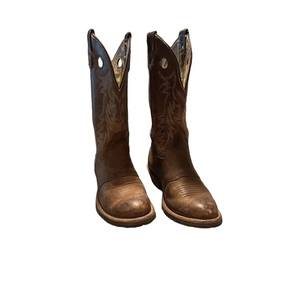 Double-H Womens Brown Embroidered Pull-On Leather Cowboy Boots Size 8W