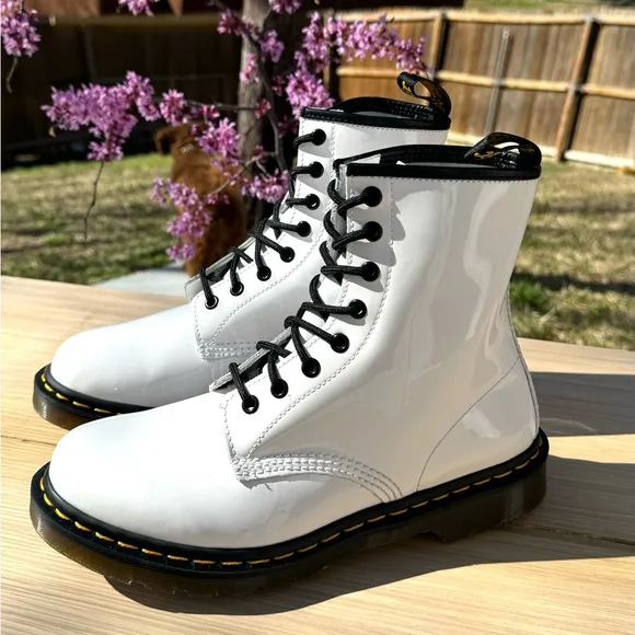 Dr. Martens 1460 White Patent Leather Lamper Ankle Boots..