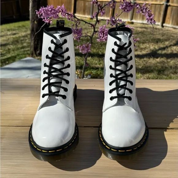 Dr. Martens 1460 White Patent Leather Lamper Ankle Boots..