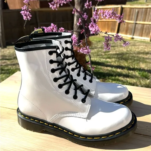 Dr. Martens 1460 White Patent Leather Lamper Ankle Boots..
