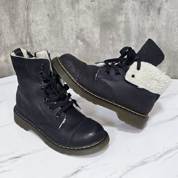 Dr Martens Aimilita Black‎ Sherpa Lined 6 Eyelet Combat Boots Docs Youth UK2 US3