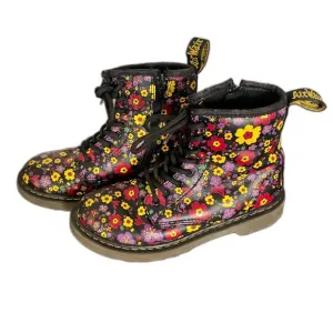 Dr. Martens Delaney Black Floral Combat Boots Side Zip - Youth Size US 2