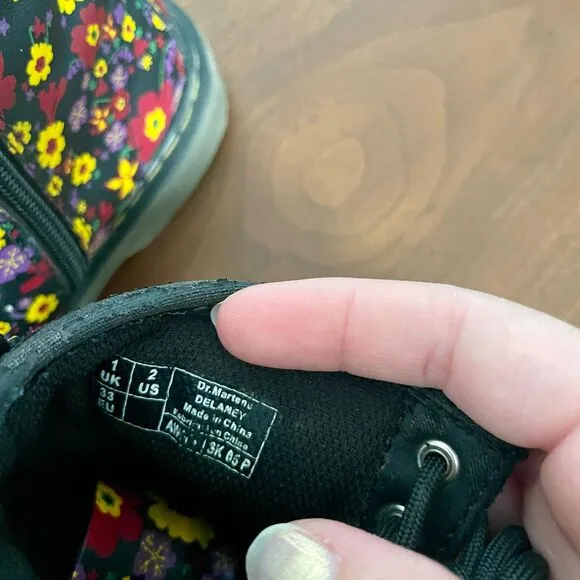Dr. Martens Delaney Black Floral Combat Boots Side Zip - Youth Size US 2
