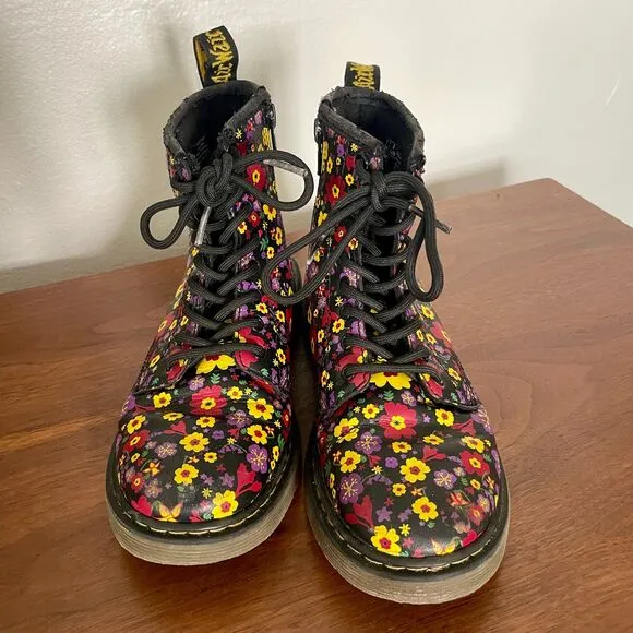 Dr. Martens Delaney Black Floral Combat Boots Side Zip - Youth Size US 2