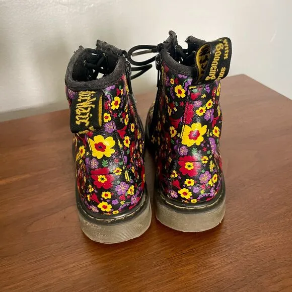 Dr. Martens Delaney Black Floral Combat Boots Side Zip - Youth Size US 2