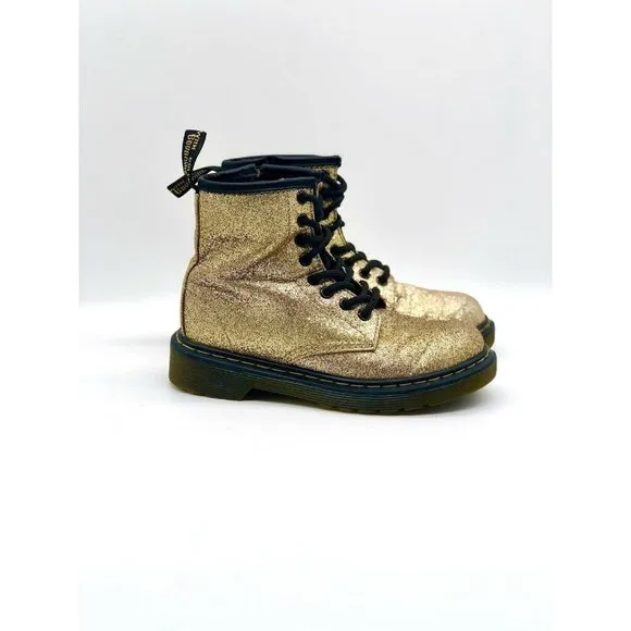 Dr. Martens Gold Glitter Combat Ankle Boots Delaney Youth Size 12 AW004 Side Zip