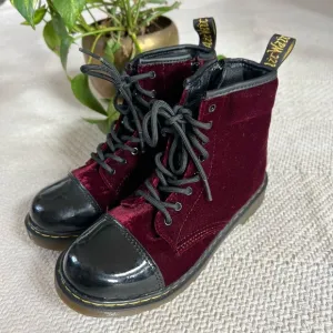 Dr. Martens Pooch Patent Black Cherry Red Velvet 8 Eye Lace Up Zip Boots