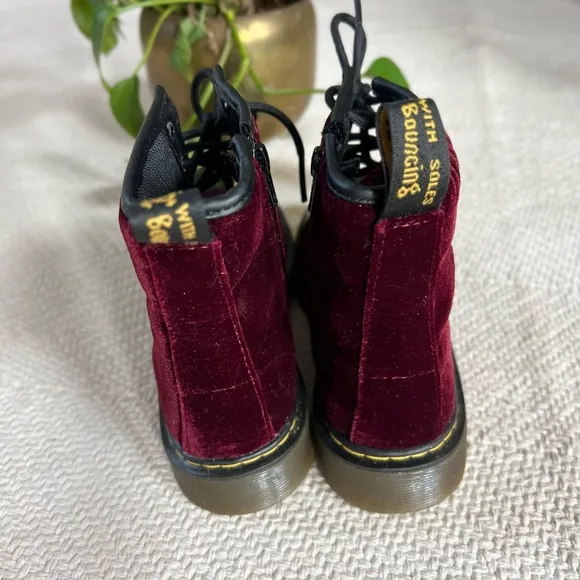 Dr. Martens Pooch Patent Black Cherry Red Velvet 8 Eye Lace Up Zip Boots
