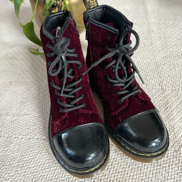 Dr. Martens Pooch Patent Black Cherry Red Velvet 8 Eye Lace Up Zip Boots