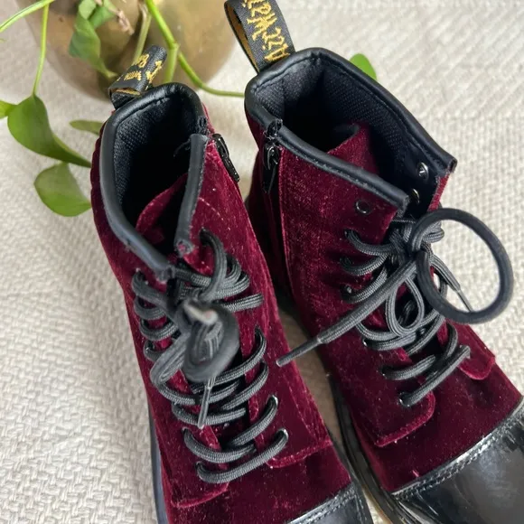 Dr. Martens Pooch Patent Black Cherry Red Velvet 8 Eye Lace Up Zip Boots