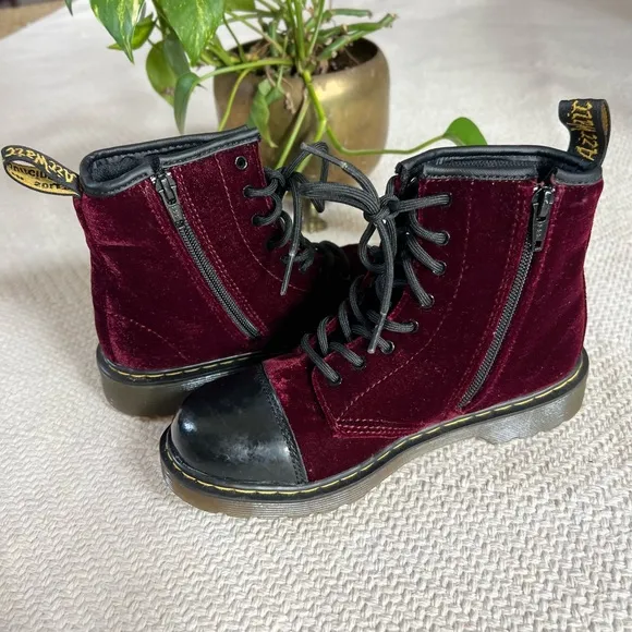 Dr. Martens Pooch Patent Black Cherry Red Velvet 8 Eye Lace Up Zip Boots
