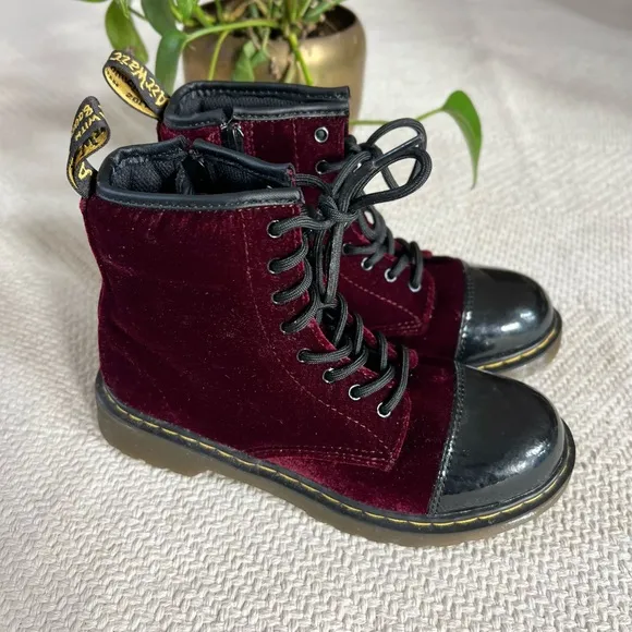 Dr. Martens Pooch Patent Black Cherry Red Velvet 8 Eye Lace Up Zip Boots