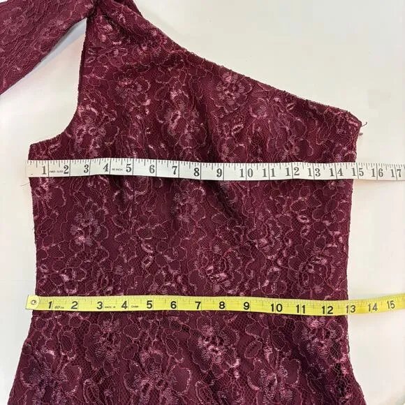 Dress the Population Tiffany One Shoulder Lace Midi Dress in Oxblood S