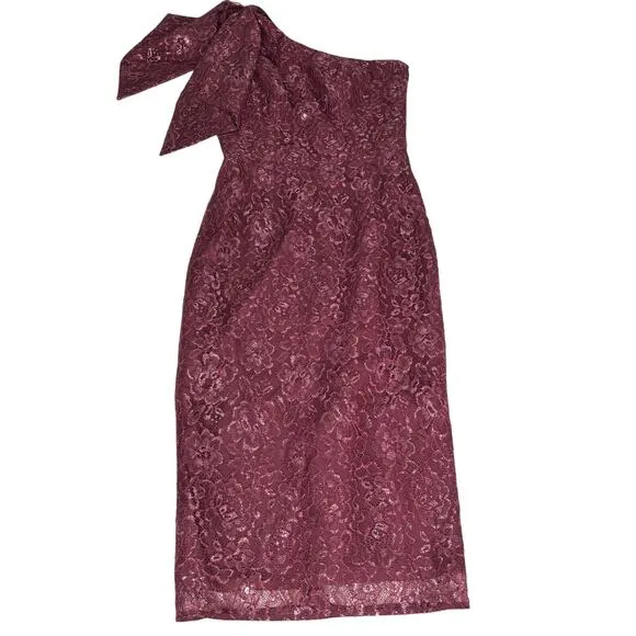 Dress the Population Tiffany One Shoulder Lace Midi Dress in Oxblood S