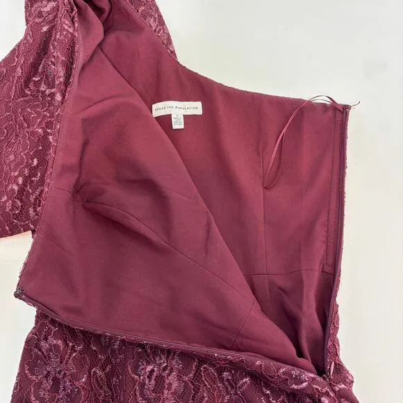 Dress the Population Tiffany One Shoulder Lace Midi Dress in Oxblood S