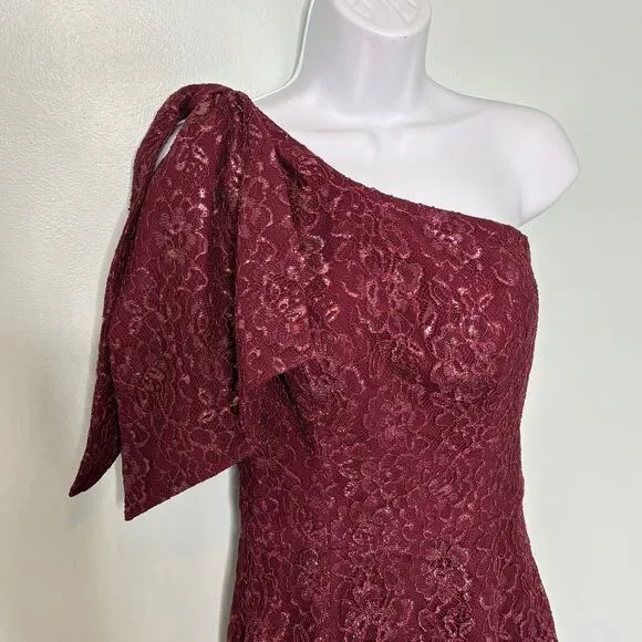 Dress the Population Tiffany One Shoulder Lace Midi Dress in Oxblood S