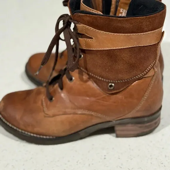 Dromedaris Ankle Boots Side Zip Lace Up Brown Distressed Women Size 38 7.5/8