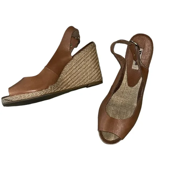 Dune London Camel Leather Slingback Peep Toe Straw Espadrille Wedges Sandals  8