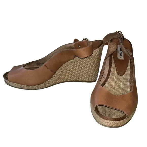 Dune London Camel Leather Slingback Peep Toe Straw Espadrille Wedges Sandals  8