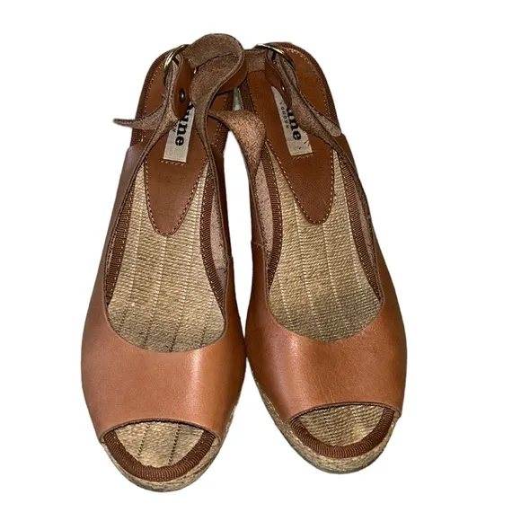 Dune London Camel Leather Slingback Peep Toe Straw Espadrille Wedges Sandals  8
