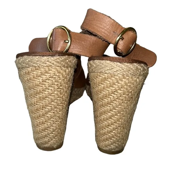 Dune London Camel Leather Slingback Peep Toe Straw Espadrille Wedges Sandals  8