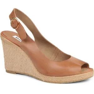 Dune London Camel Leather Slingback Peep Toe Straw Espadrille Wedges Sandals  8