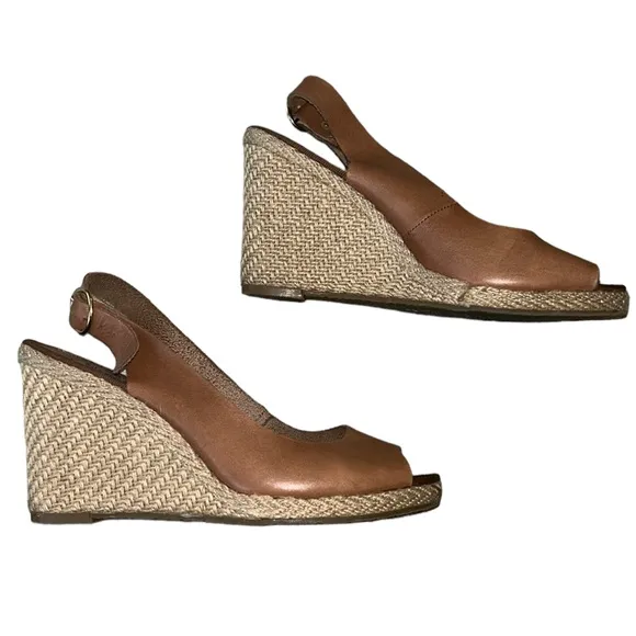 Dune London Camel Leather Slingback Peep Toe Straw Espadrille Wedges Sandals  8