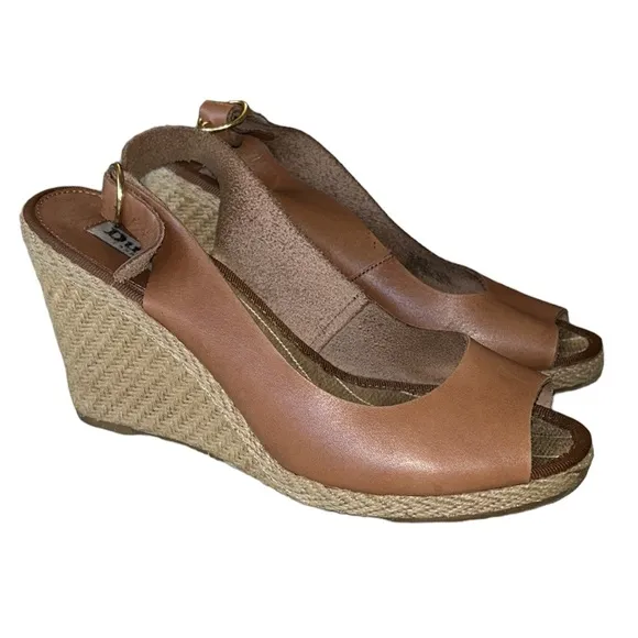 Dune London Camel Leather Slingback Peep Toe Straw Espadrille Wedges Sandals  8