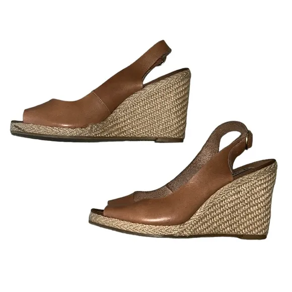 Dune London Camel Leather Slingback Peep Toe Straw Espadrille Wedges Sandals  8