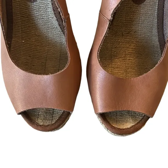 Dune London Camel Leather Slingback Peep Toe Straw Espadrille Wedges Sandals  8