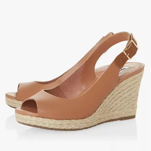 Dune London Camel Leather Slingback Peep Toe Straw Espadrille Wedges Sandals  8