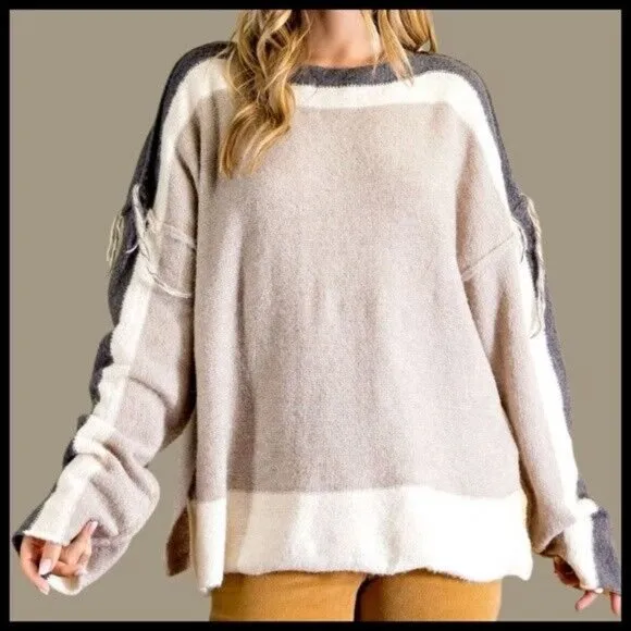 EASEL Loose Fit &amp; Slouchy Tunic Style Sweater Side Slits Boat Neck Fringe Detail