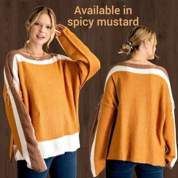 EASEL Loose Fit &amp; Slouchy Tunic Style Sweater Side Slits Boat Neck Fringe Detail