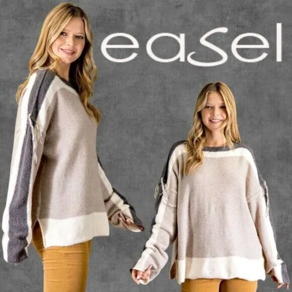EASEL Loose Fit &amp; Slouchy Tunic Style Sweater Side Slits Boat Neck Fringe Detail