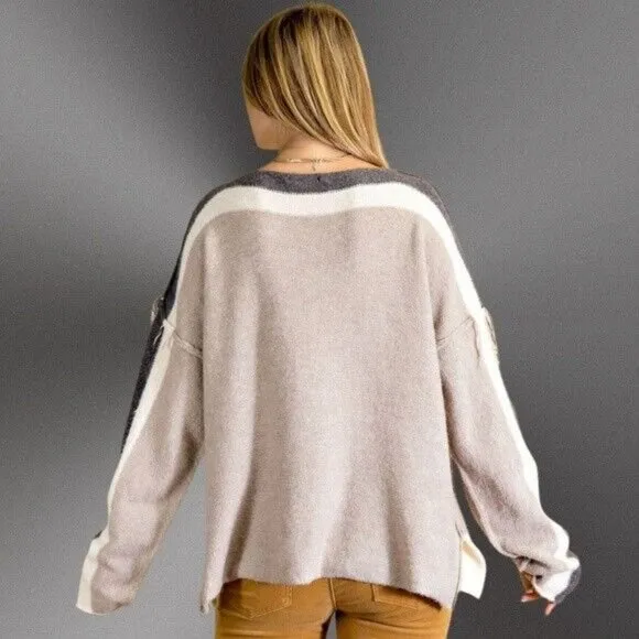EASEL Loose Fit &amp; Slouchy Tunic Style Sweater Side Slits Boat Neck Fringe Detail