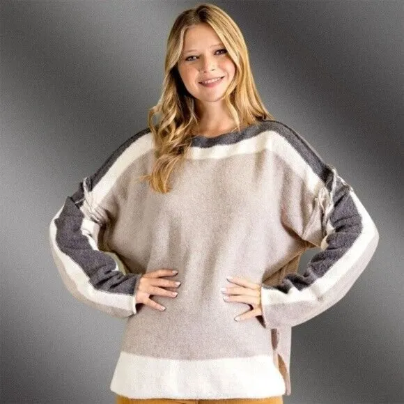 EASEL Loose Fit &amp; Slouchy Tunic Style Sweater Side Slits Boat Neck Fringe Detail