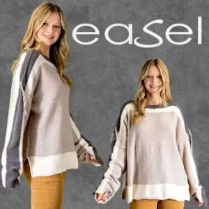 EASEL Loose Fit &amp; Slouchy Tunic Style Sweater Side Slits Boat Neck Fringe Detail