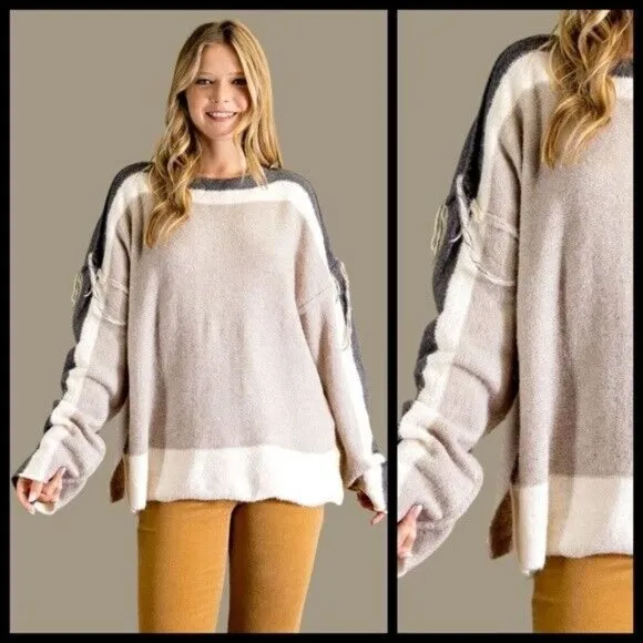 EASEL Loose Fit &amp; Slouchy Tunic Style Sweater Side Slits Boat Neck Fringe Detail