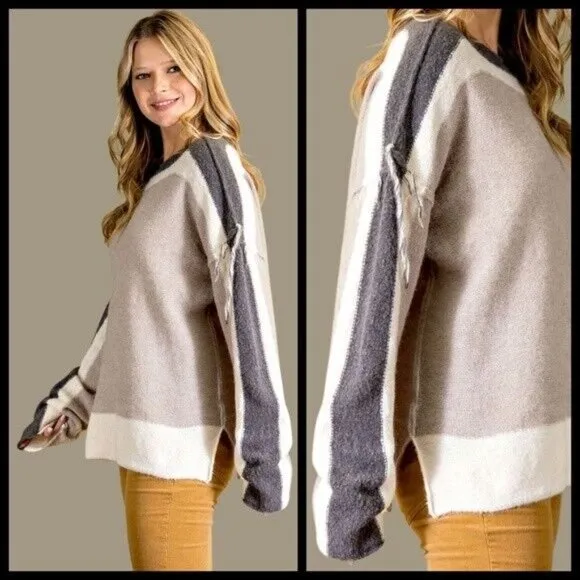 EASEL Loose Fit &amp; Slouchy Tunic Style Sweater Side Slits Boat Neck Fringe Detail
