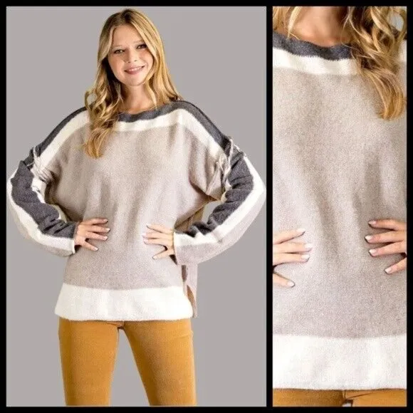 EASEL Loose Fit &amp; Slouchy Tunic Style Sweater Side Slits Boat Neck Fringe Detail