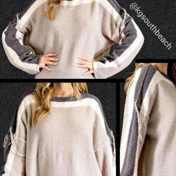 EASEL Loose Fit &amp; Slouchy Tunic Style Sweater Side Slits Boat Neck Fringe Detail