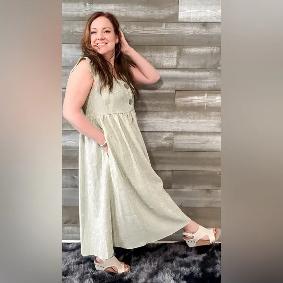 easel voile sage striped button front sleeveless maxi dress ED23598