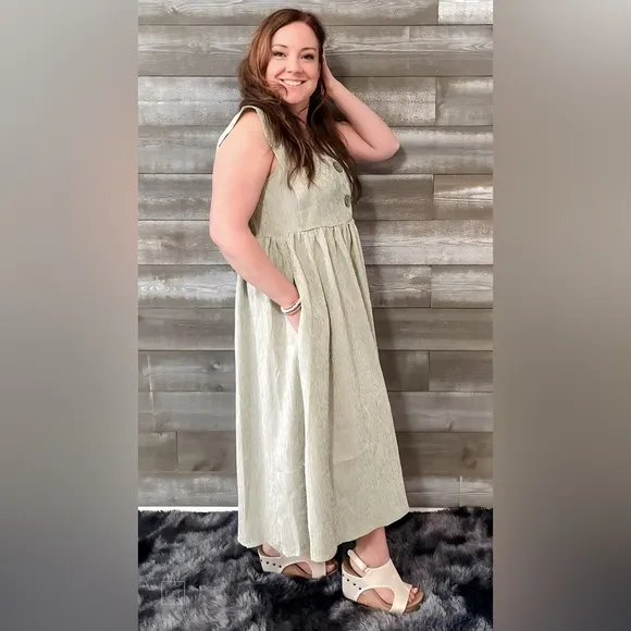 easel voile sage striped button front sleeveless maxi dress ED23598