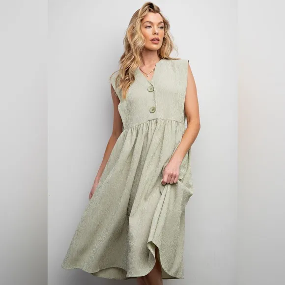 easel voile sage striped button front sleeveless maxi dress ED23598